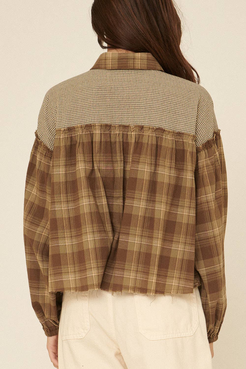 Open Skies (Olive) Plaid Ruffle Seam Top