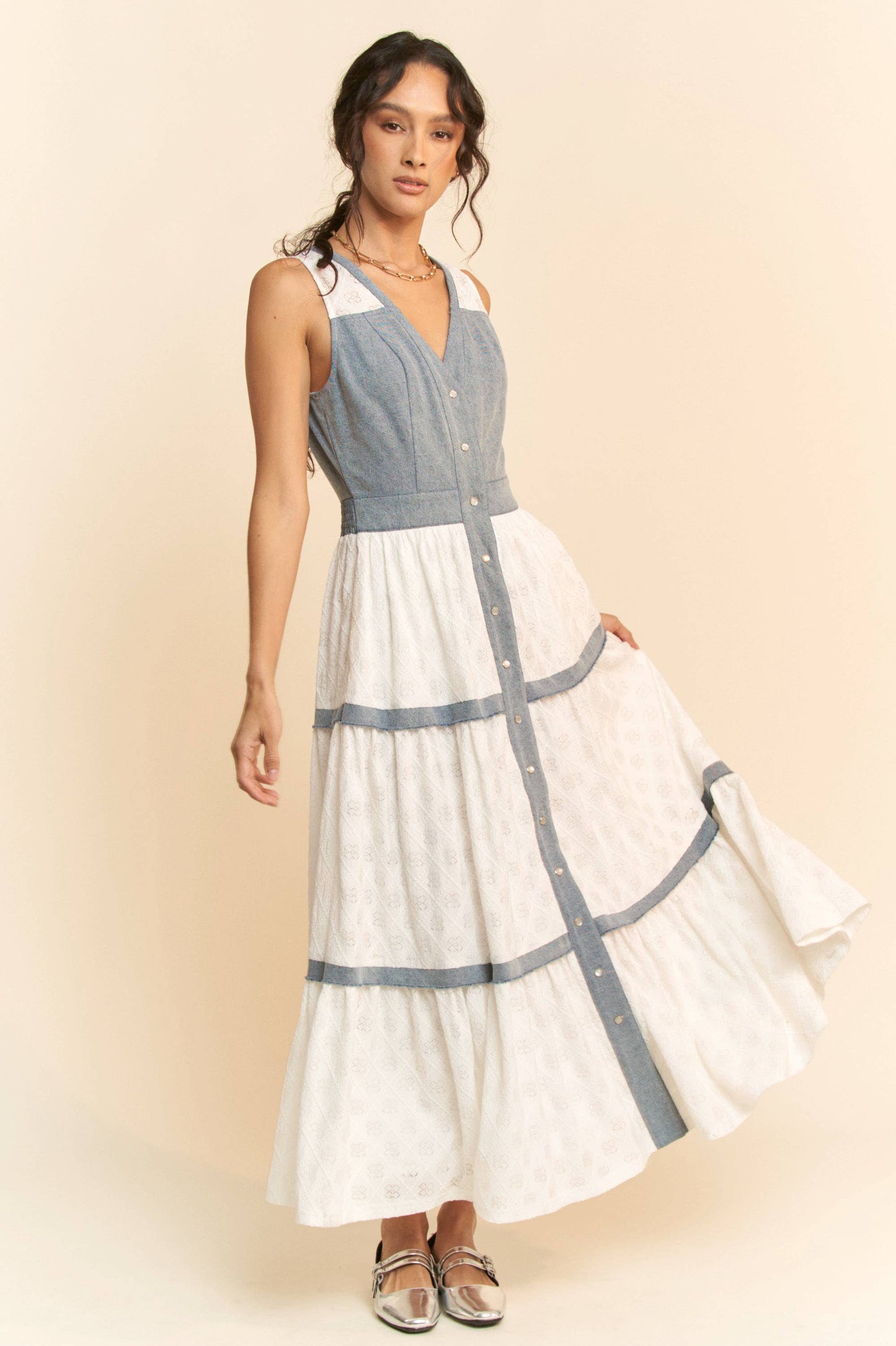 Down A Hidden Lane Denim & Lace Dress