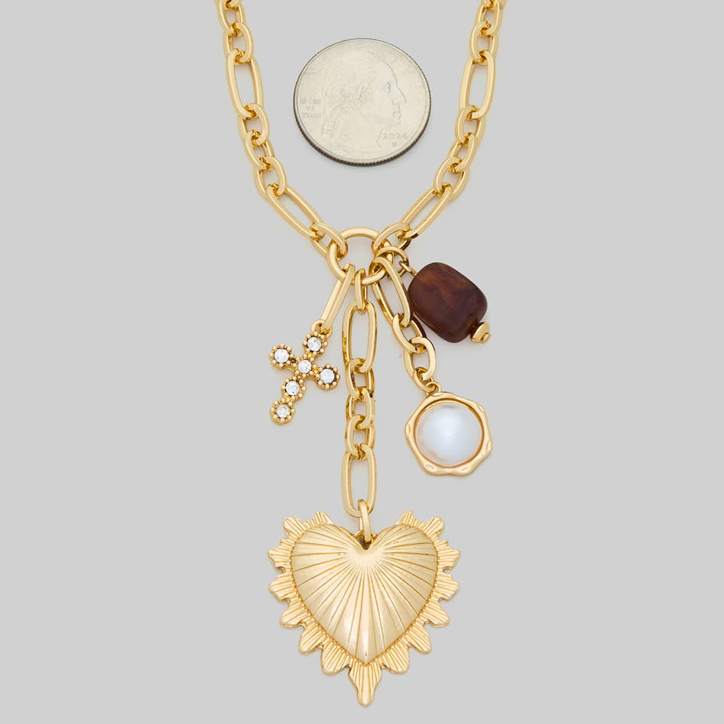 Heart Pearl Stone Cross Charm Necklace, Gold