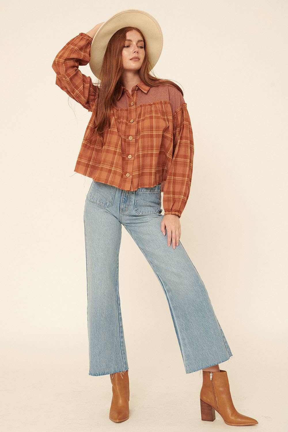 Open Skies (Rust) Plaid Ruffle Seam Shirt