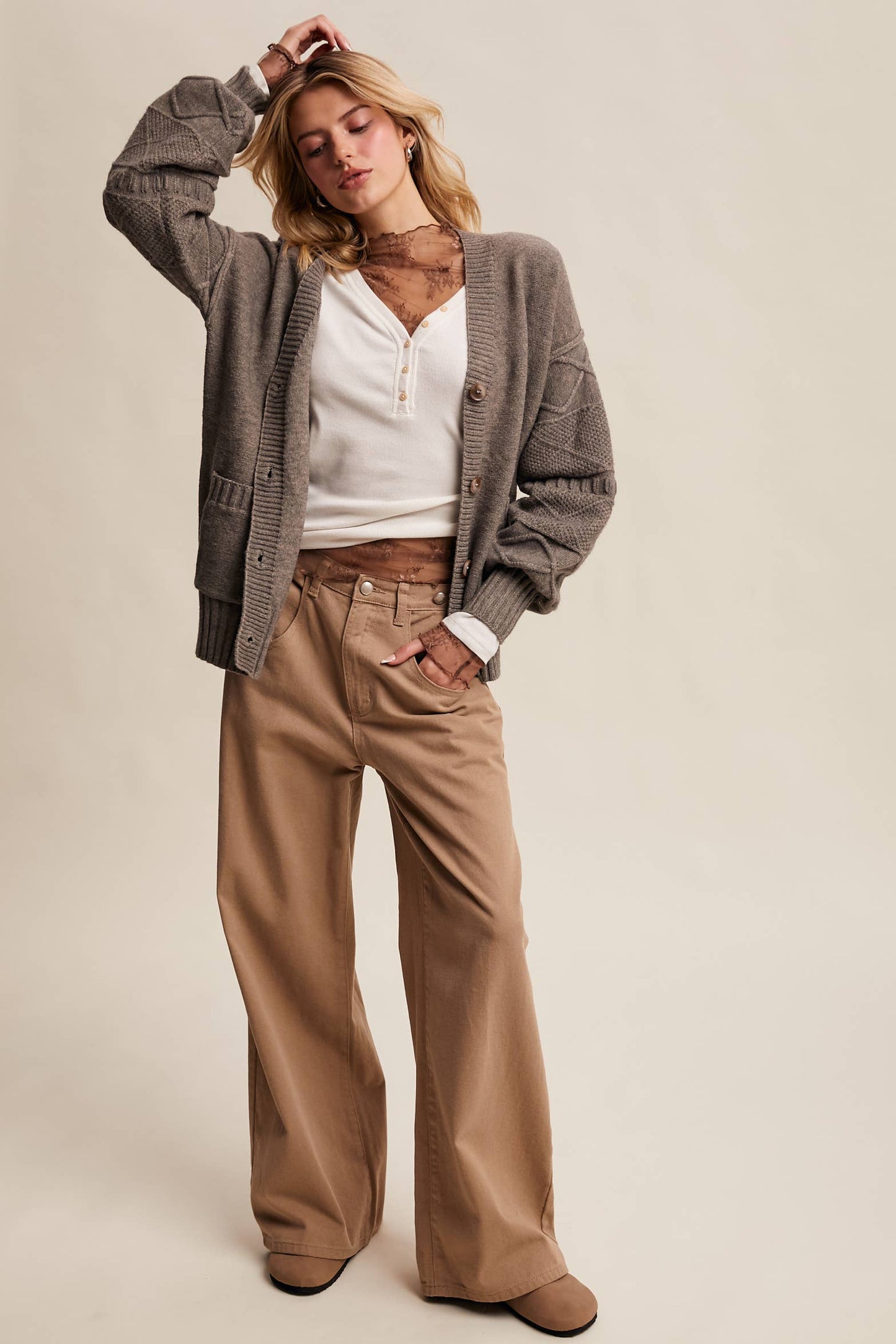 Story Time (Stone) Textured Knit Cardigan