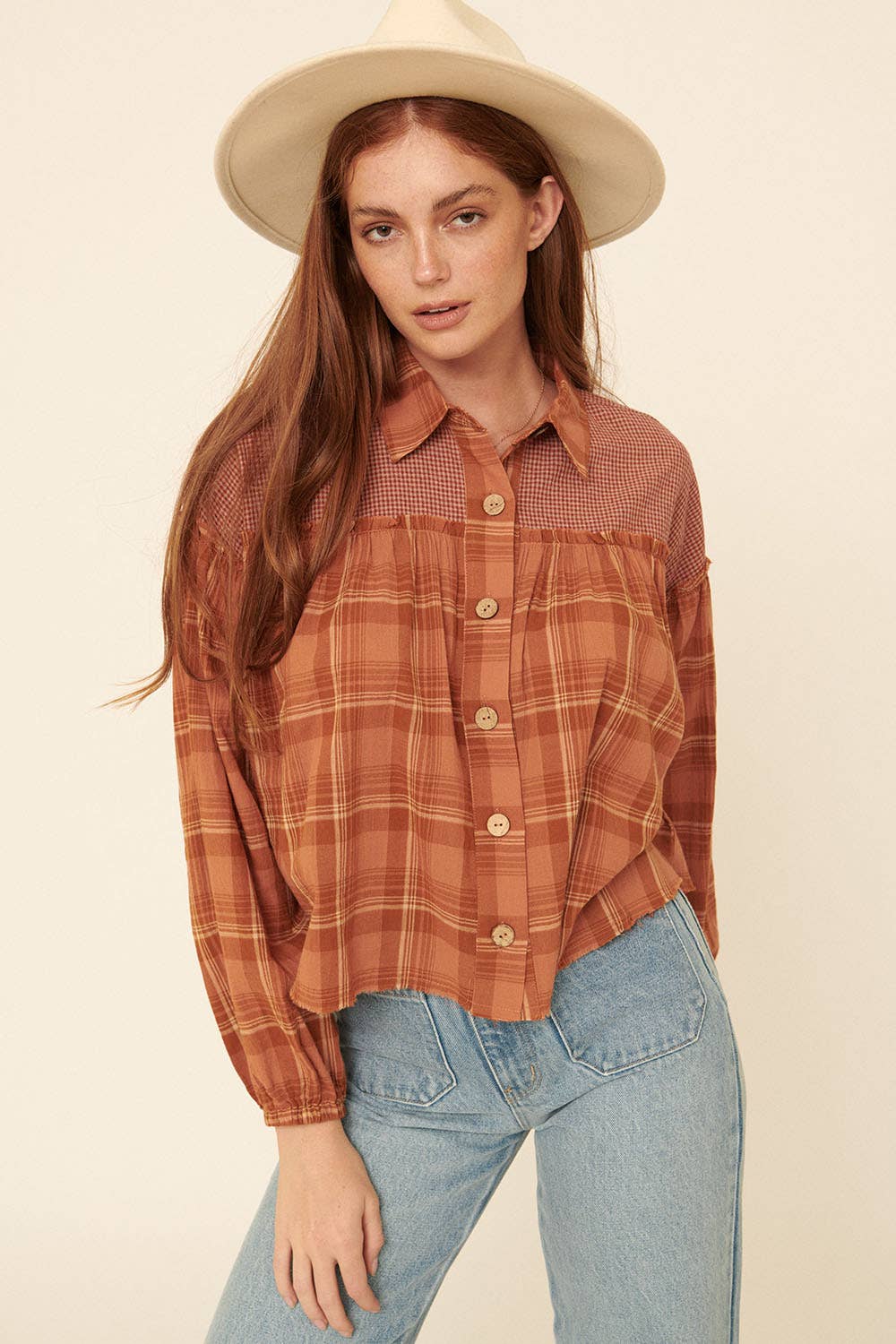 Open Skies (Rust) Plaid Ruffle Seam Shirt