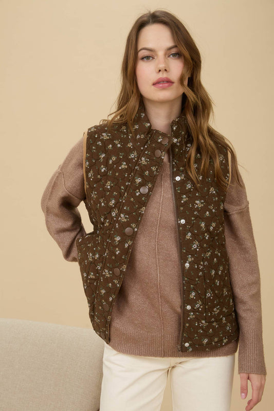 Fall For You (Brown) Floral Quilted Vest