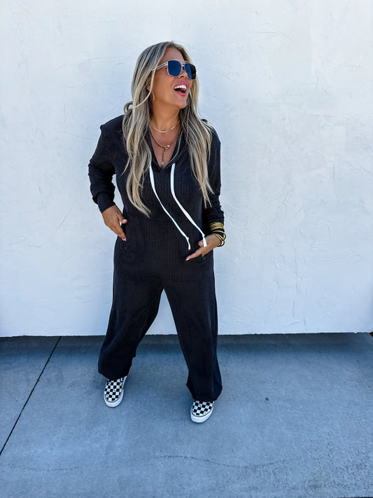 Hayden (Charcoal) Ribbed Hoodie Jumpsuit