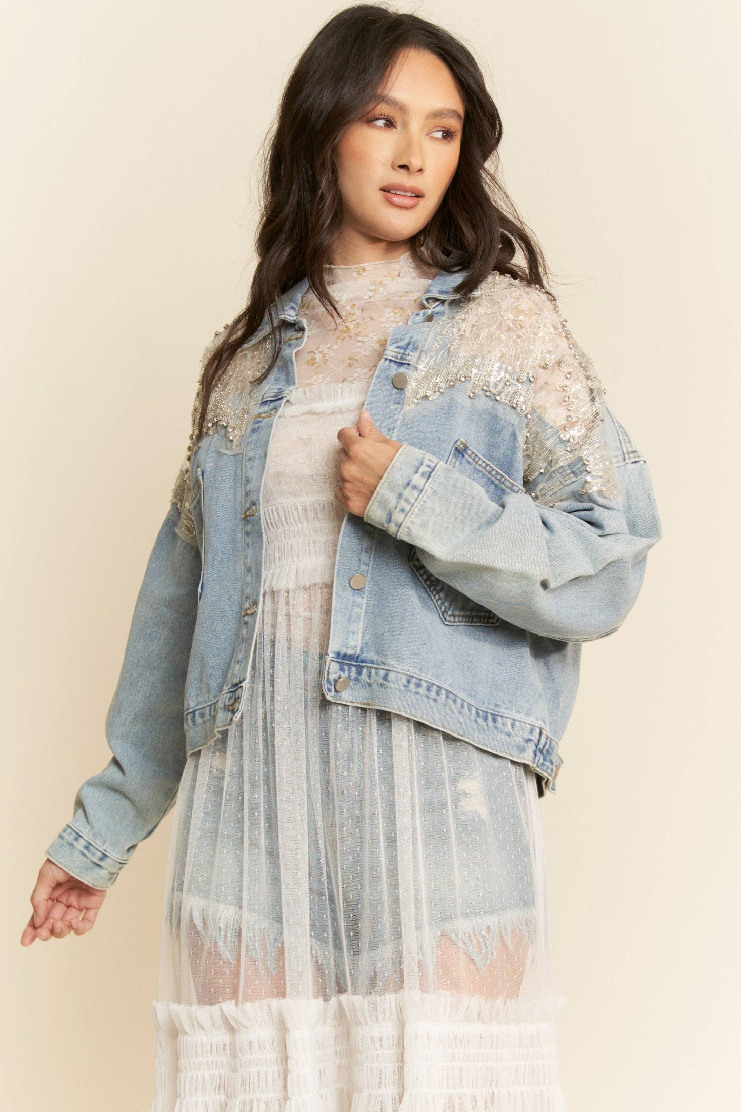 Denim & Lace Sequin Denim Jacket