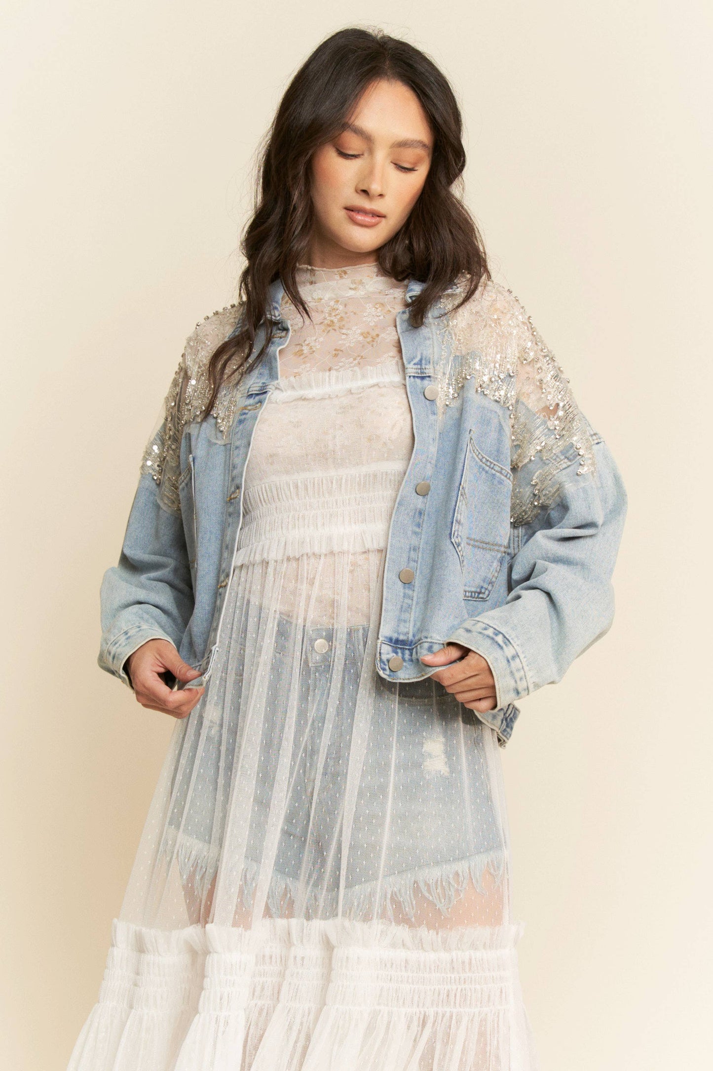 Denim & Lace Sequin Denim Jacket