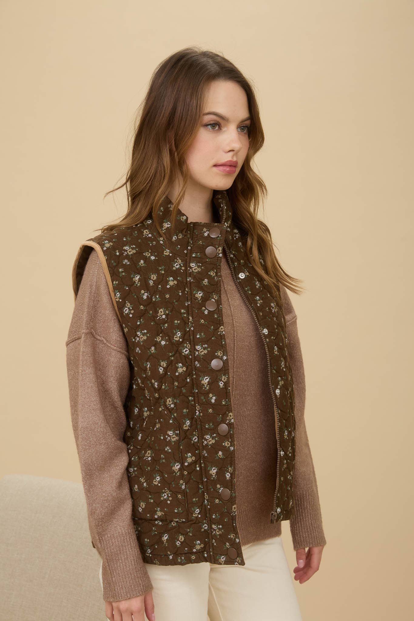 Fall For You (Brown) Floral Quilted Vest