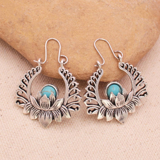 Southwest Silver Lotus Hoop Earrings