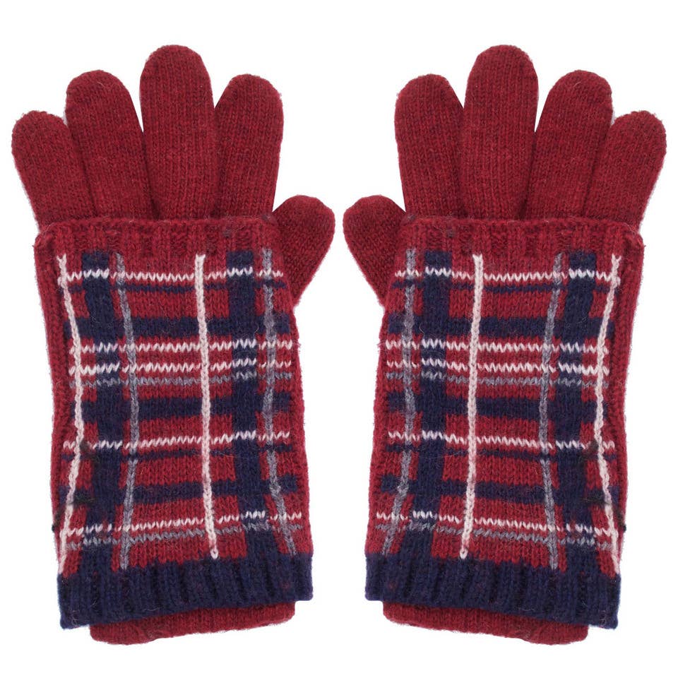 Plaid Pattern Gloves, Burgundy