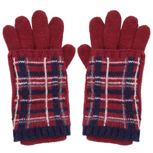 Plaid Pattern Gloves, Burgundy