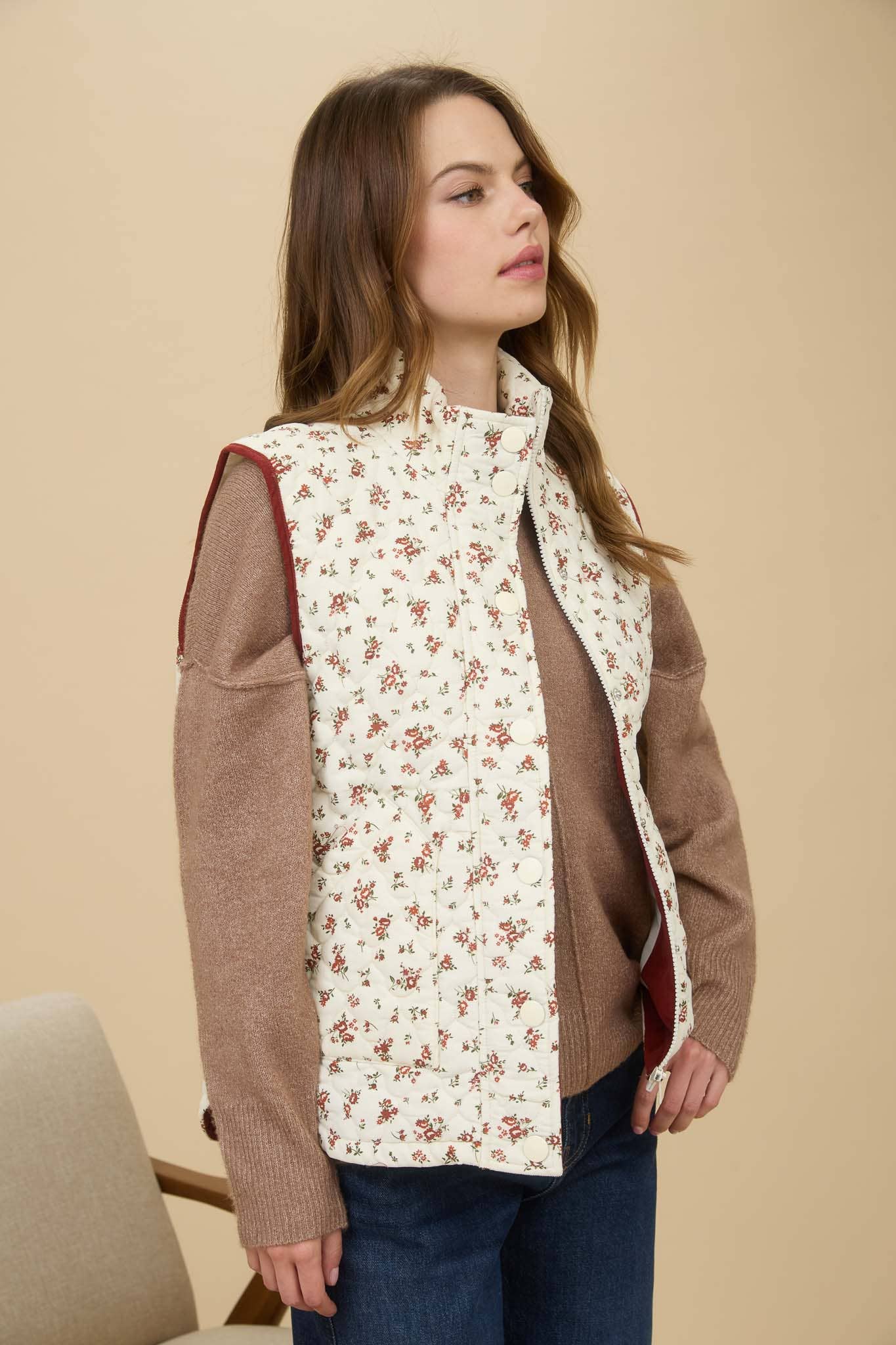 Fall For You (Cream) Floral Quilted Vest