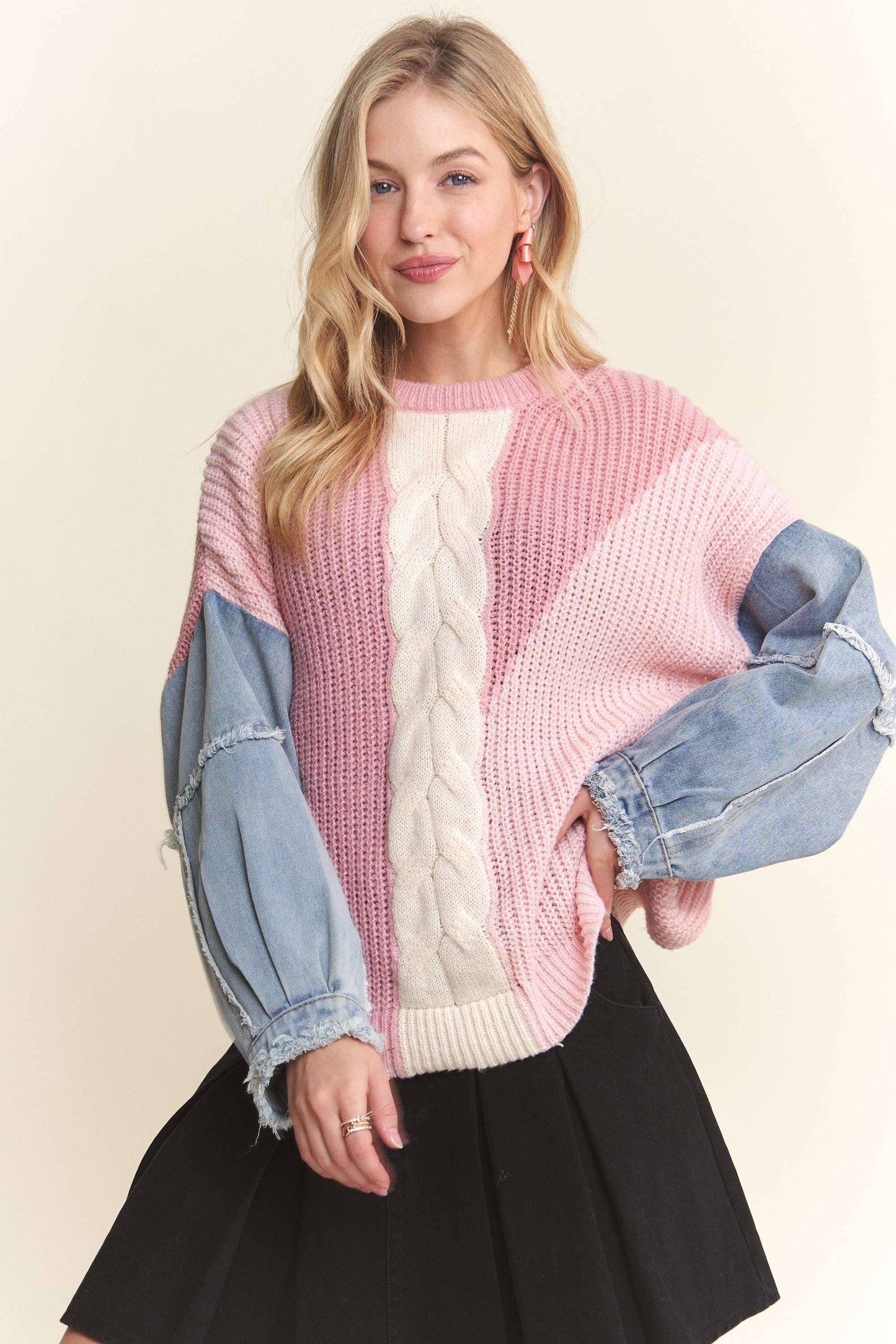 Fun Fashion (Pink) Denim Sleeve Sweater