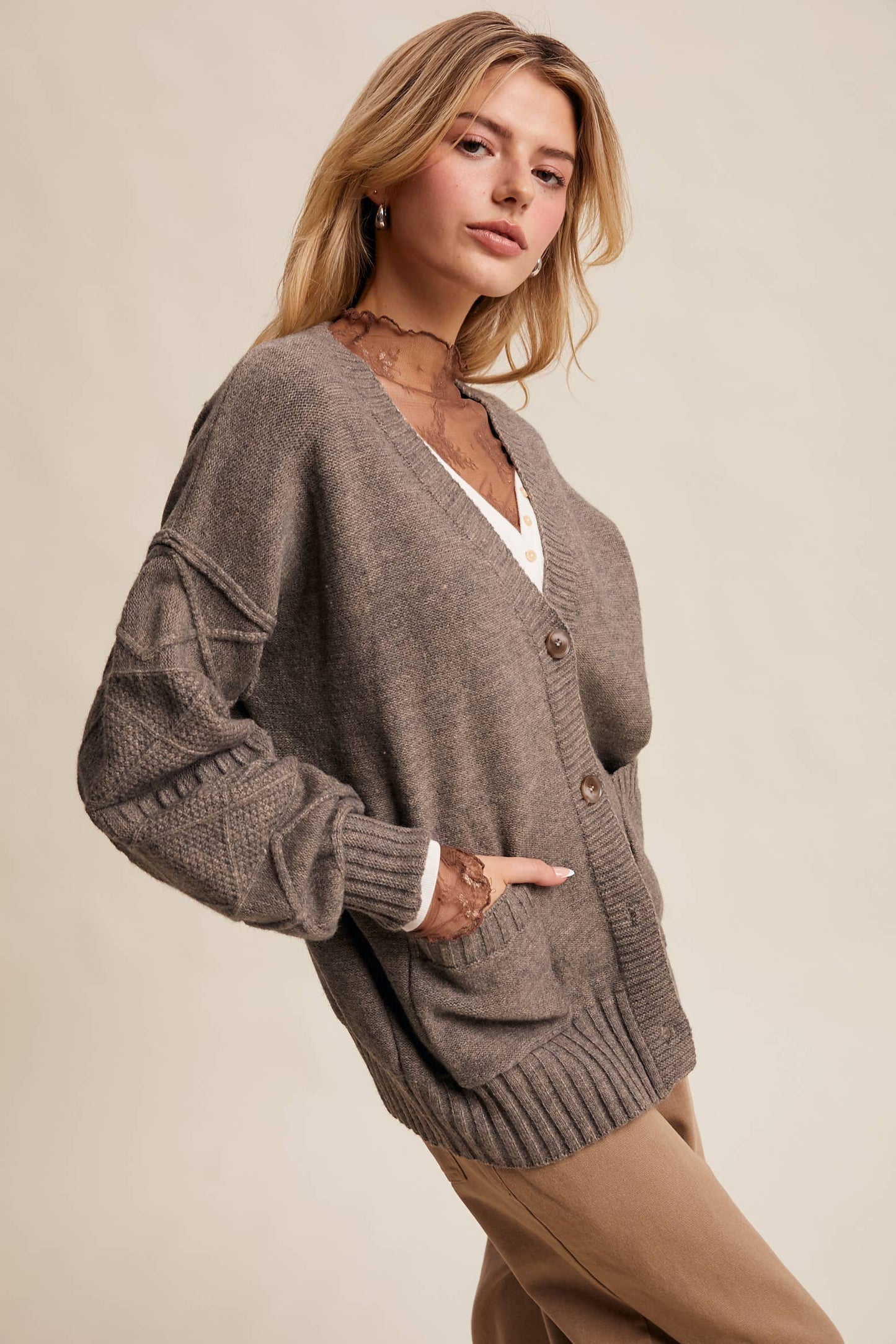 Story Time (Stone) Textured Knit Cardigan