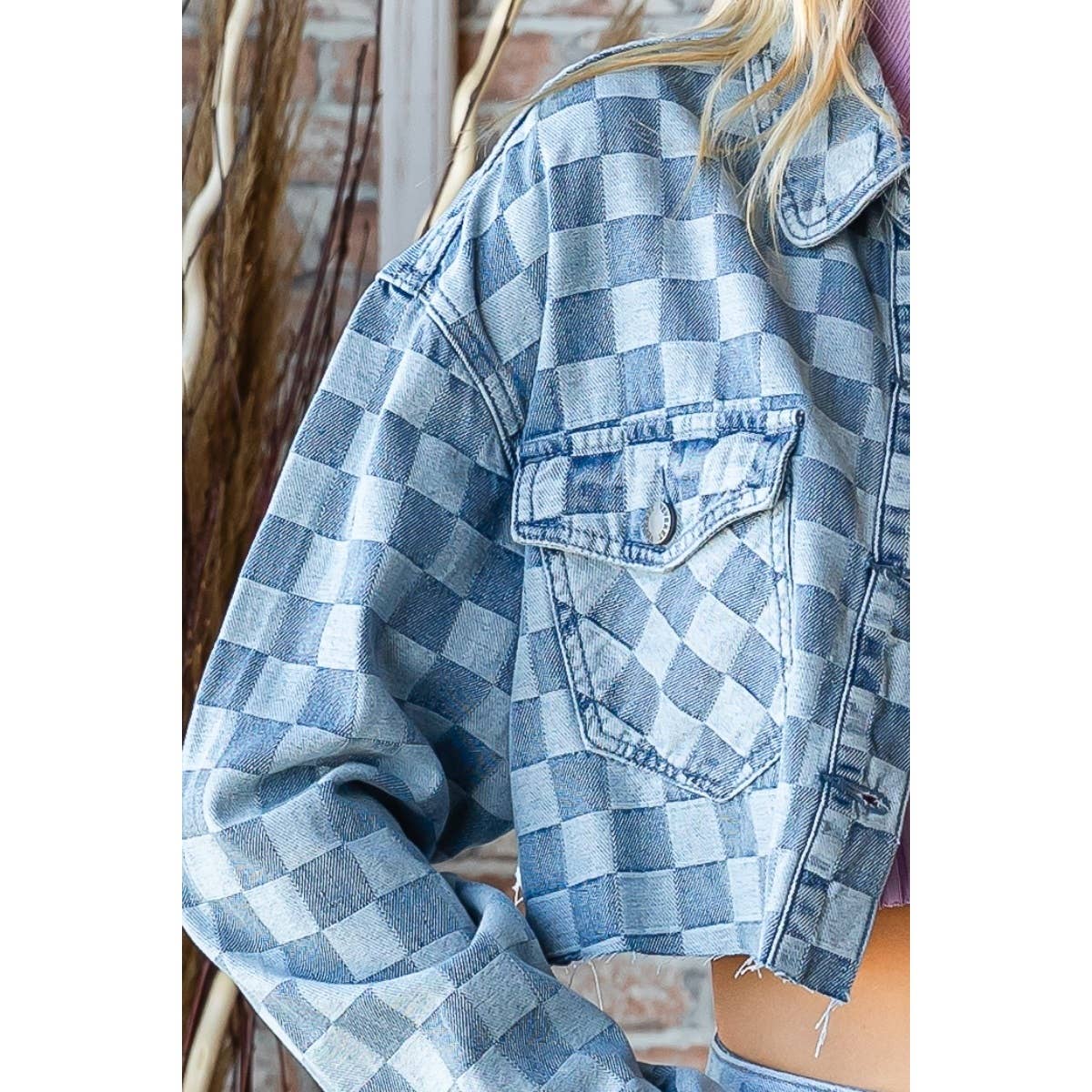 Checked Out Crop Check Denim Jacket