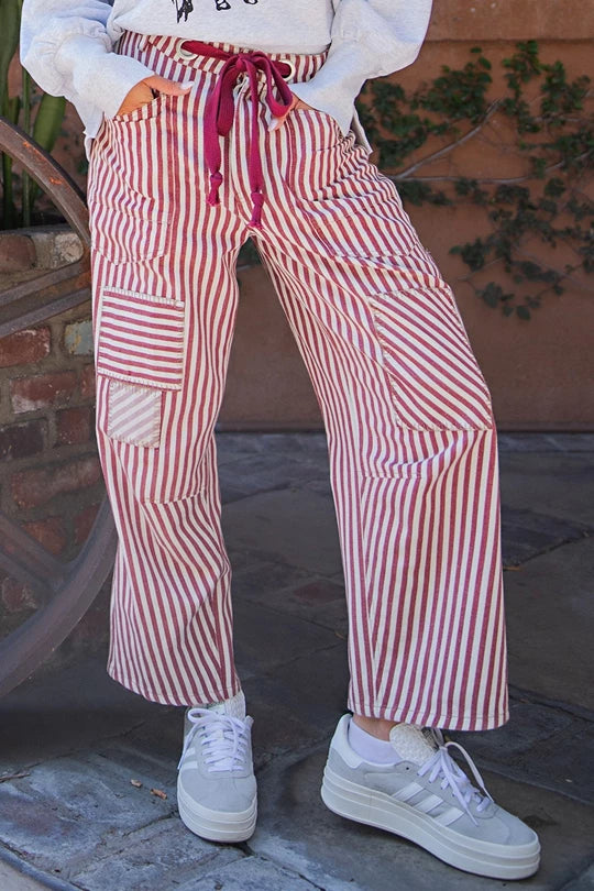 Winning It (Crimson) Striped Barrel Pants