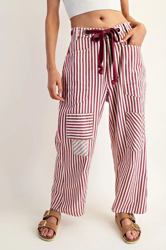 Winning It (Crimson) Striped Barrel Pants