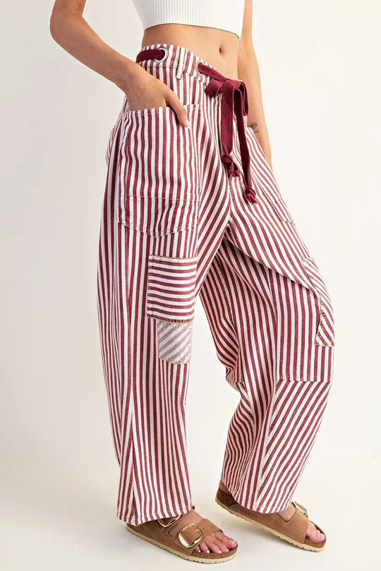 Winning It (Crimson) Striped Barrel Pants