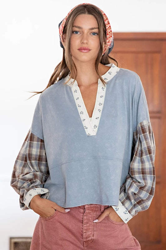 Maple Groves (Denim) Plaid Sleeve Top