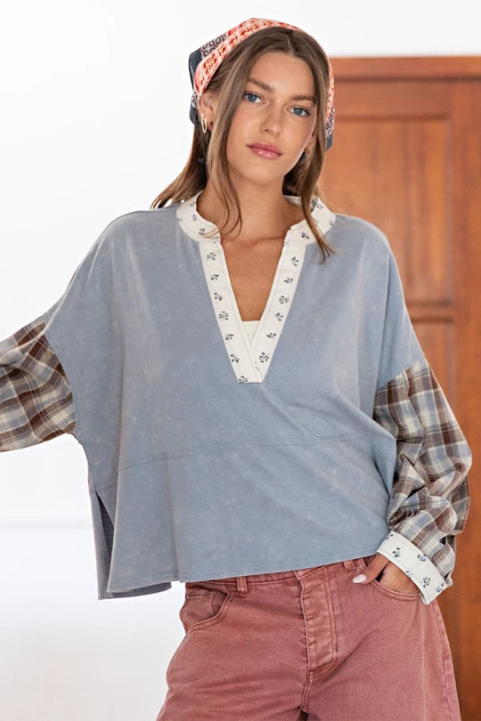 Maple Groves (Denim) Plaid Sleeve Top