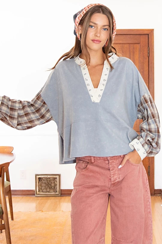Maple Groves (Denim) Plaid Sleeve Top