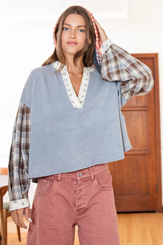 Maple Groves (Denim) Plaid Sleeve Top