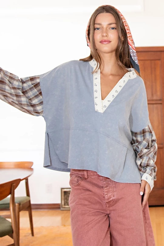 Maple Groves (Denim) Plaid Sleeve Top