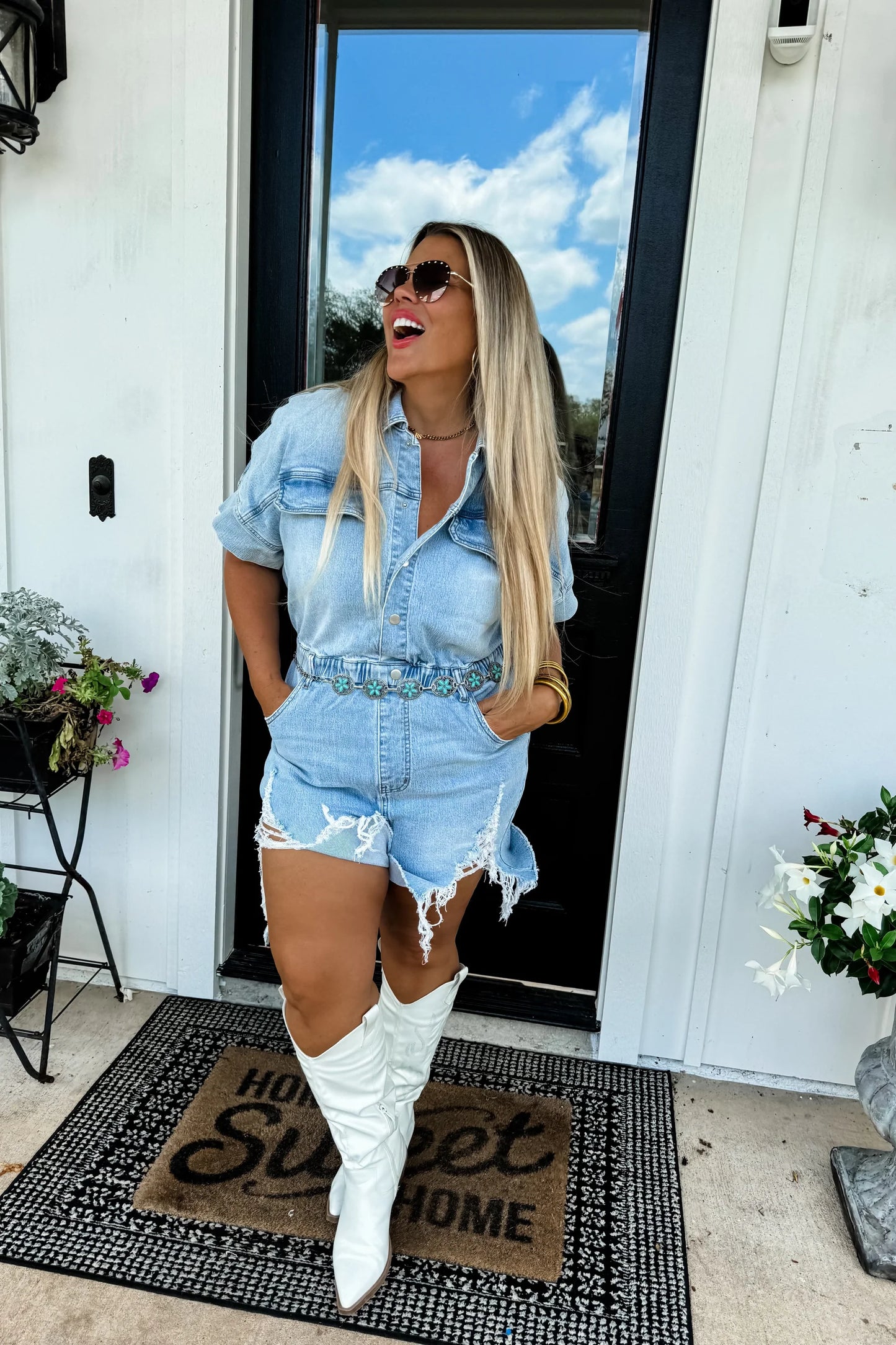 Take Me Out Distressed Denim Romper