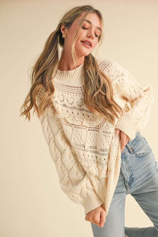 Little Darling (Crm) Lace Pointelle Sweater