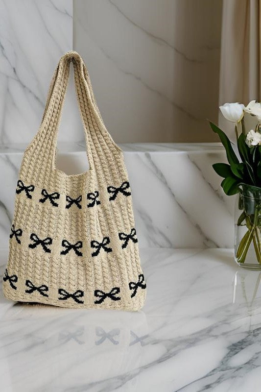 Ribbon Pattern Knitted Tote Bag, Tan