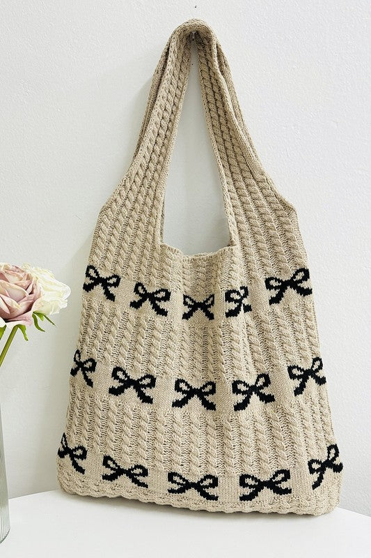 Ribbon Pattern Knitted Tote Bag, Tan