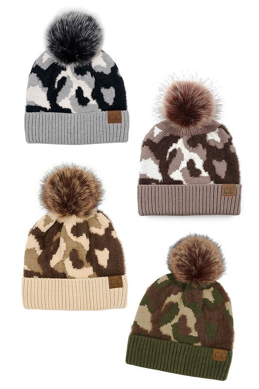 C.C. Abstract Camo Print Pom Beanie