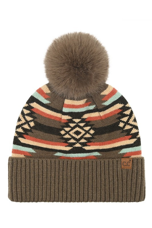 C.C. (Brown) Aztec Pattern Pom Cuff Beanie