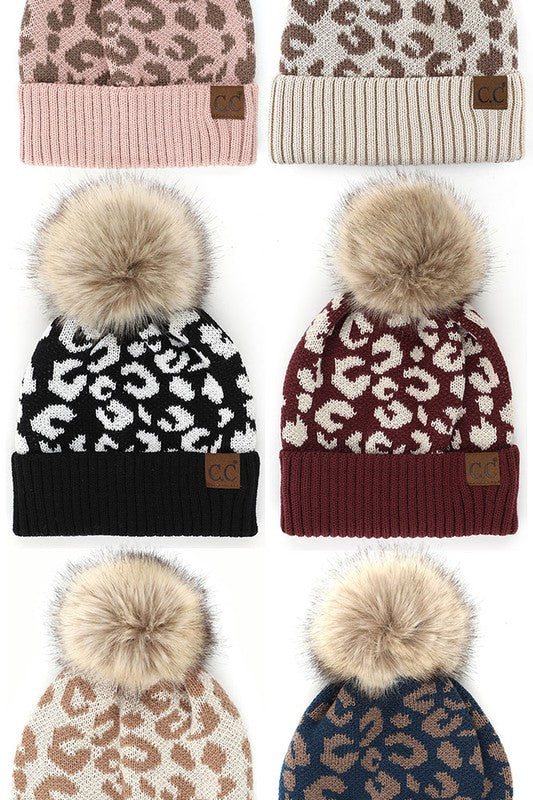 C.C. Leopard Pattern Pom Beanie