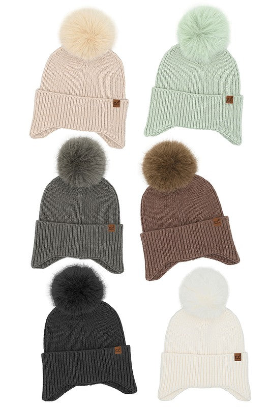 C.C. Earflap Pom Knit Solid Beanie