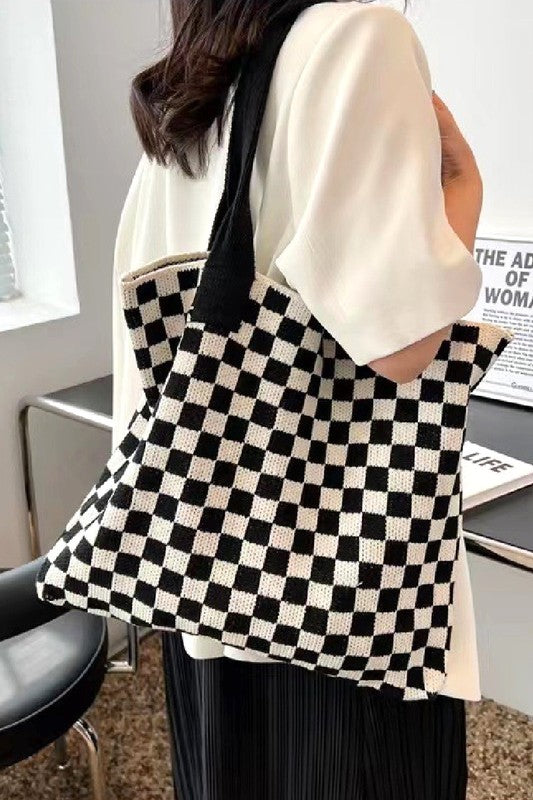 Checkered Pattern Knit Tote Bag, Blk/Wh