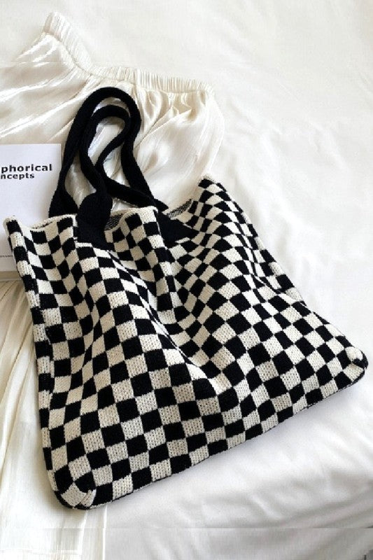 Checkered Pattern Knit Tote Bag, Blk/Wh