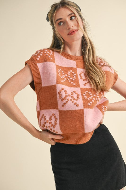 Checks & Bows (Mocha/Pink) Sweater Vest