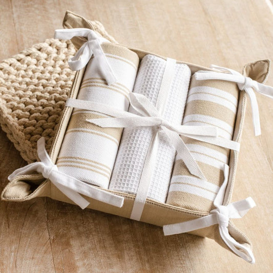 3pc. Towel & Tray Gift Set, Tan/White