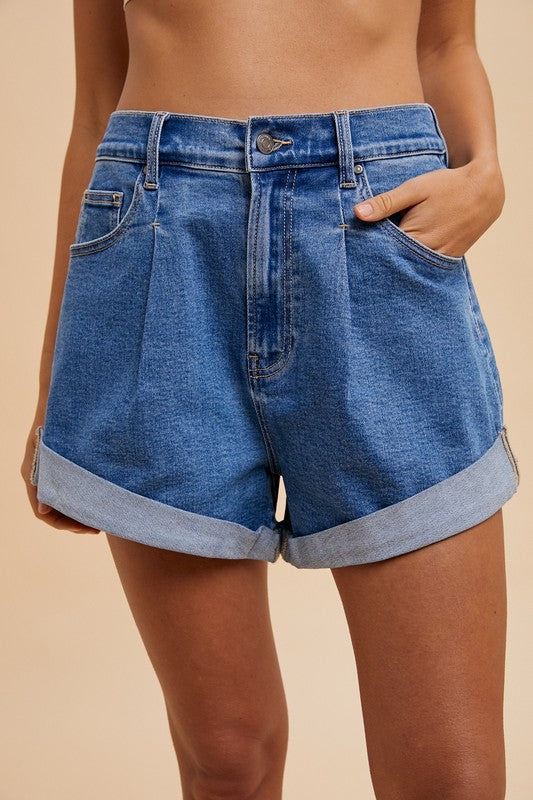 Mom Chic Pleat & Cuffed Denim Shorts