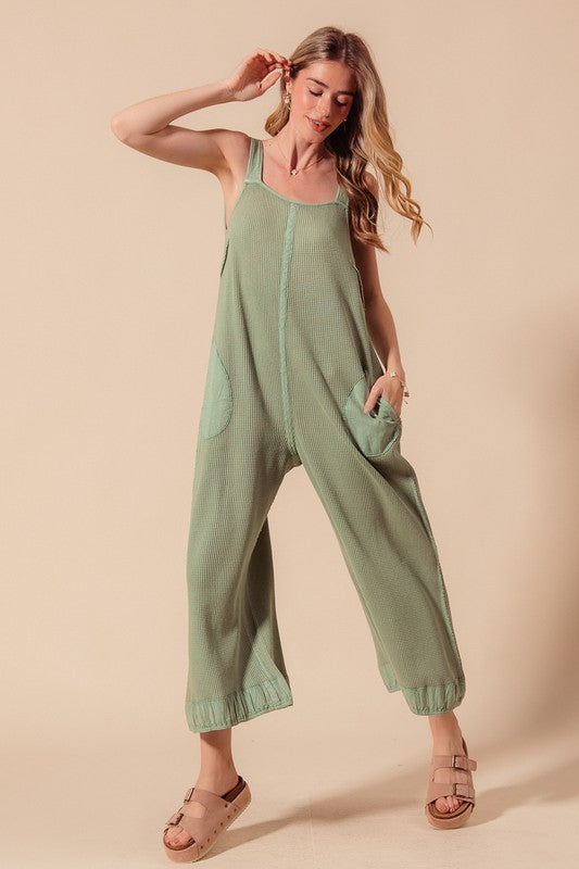 Carefree Vibe (Sage) Waffle Overalls