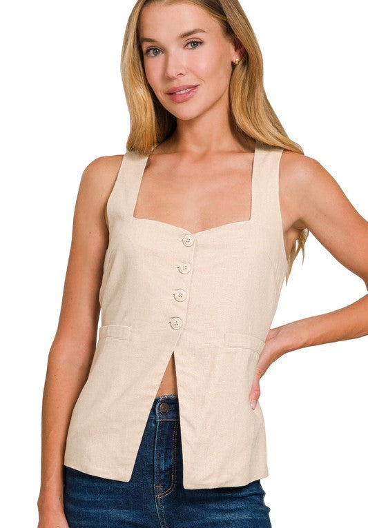 After Party (Sand) Linen Blend Vest