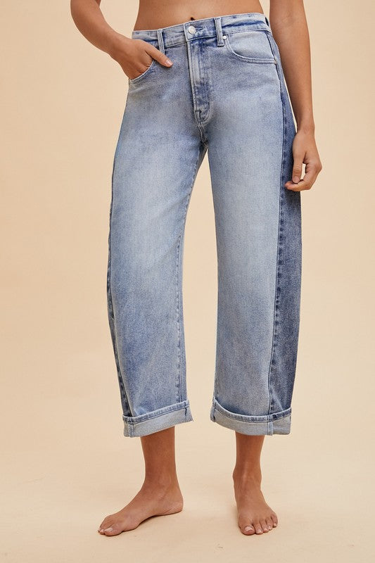 On My Side 2-Tone Barrel Crop Jeans