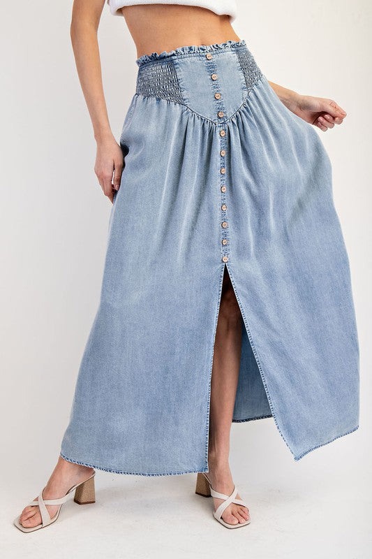 Mountain Views Button Front Denim Skirt