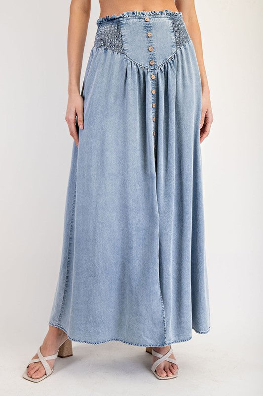 Mountain Views Button Front Denim Skirt