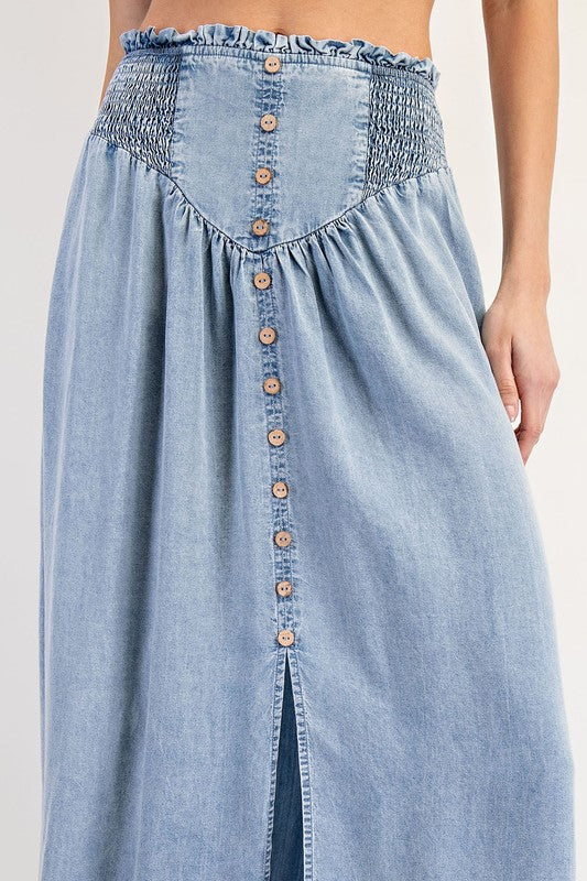 Mountain Views Button Front Denim Skirt