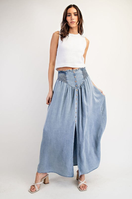Mountain Views Button Front Denim Skirt