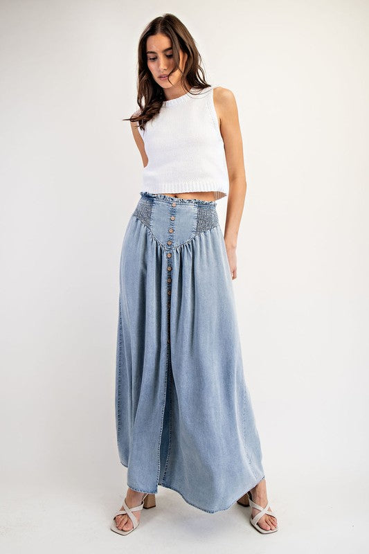 Mountain Views Button Front Denim Skirt