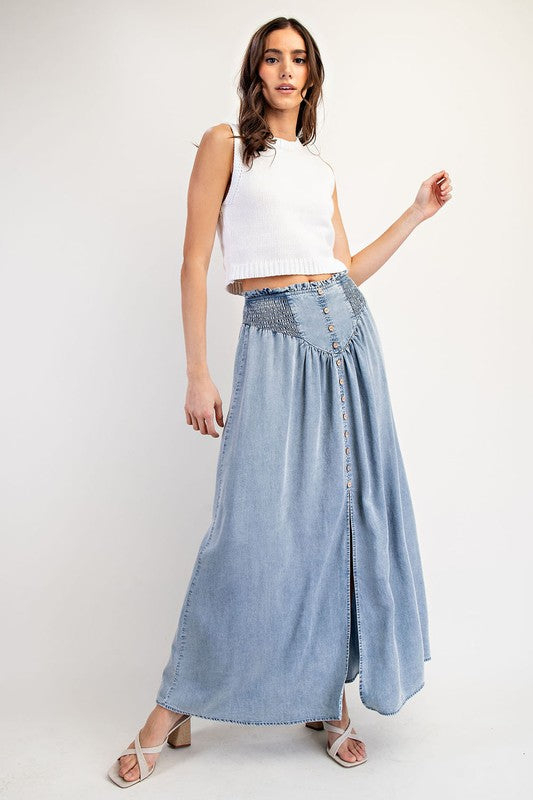 Mountain Views Button Front Denim Skirt
