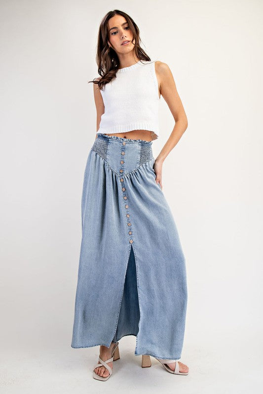 Mountain Views Button Front Denim Skirt