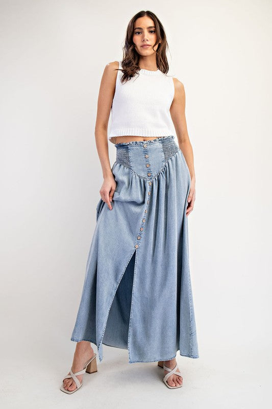 Mountain Views Button Front Denim Skirt